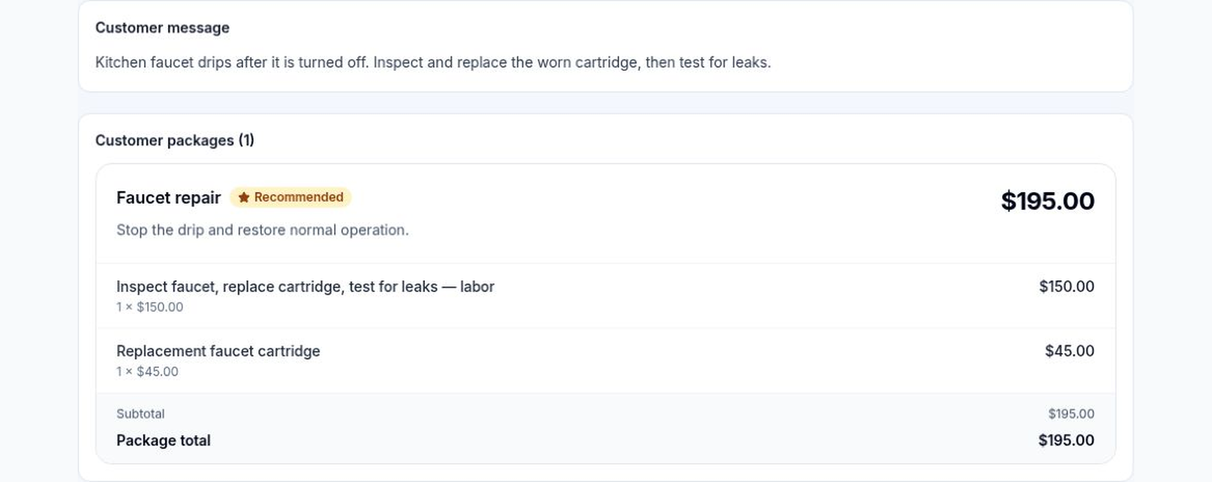 Actual Ironline draft estimate showing faucet-repair labor of $150 and a $45 cartridge, totaling $195.